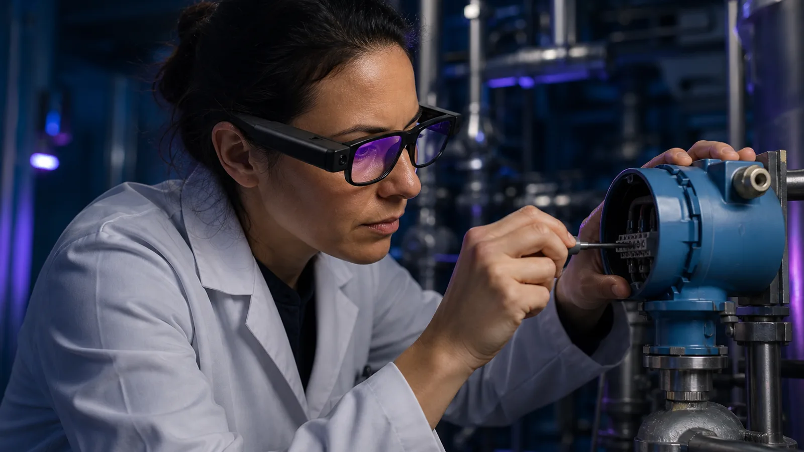 Technician wearing smart glasses, making a fine span adjustment on the terminal housing of a pressure transmitter with both hands on the tool