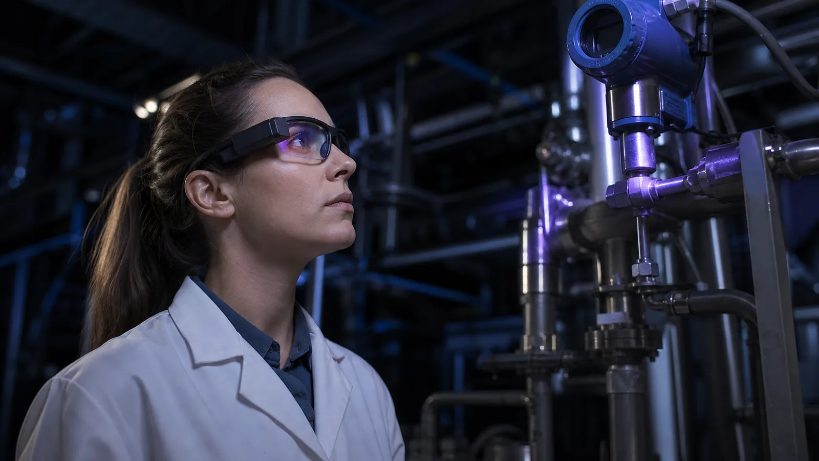 Technician wearing smart glasses, looking up at a pressure transmitter on a stainless steel pipe rack with both hands free