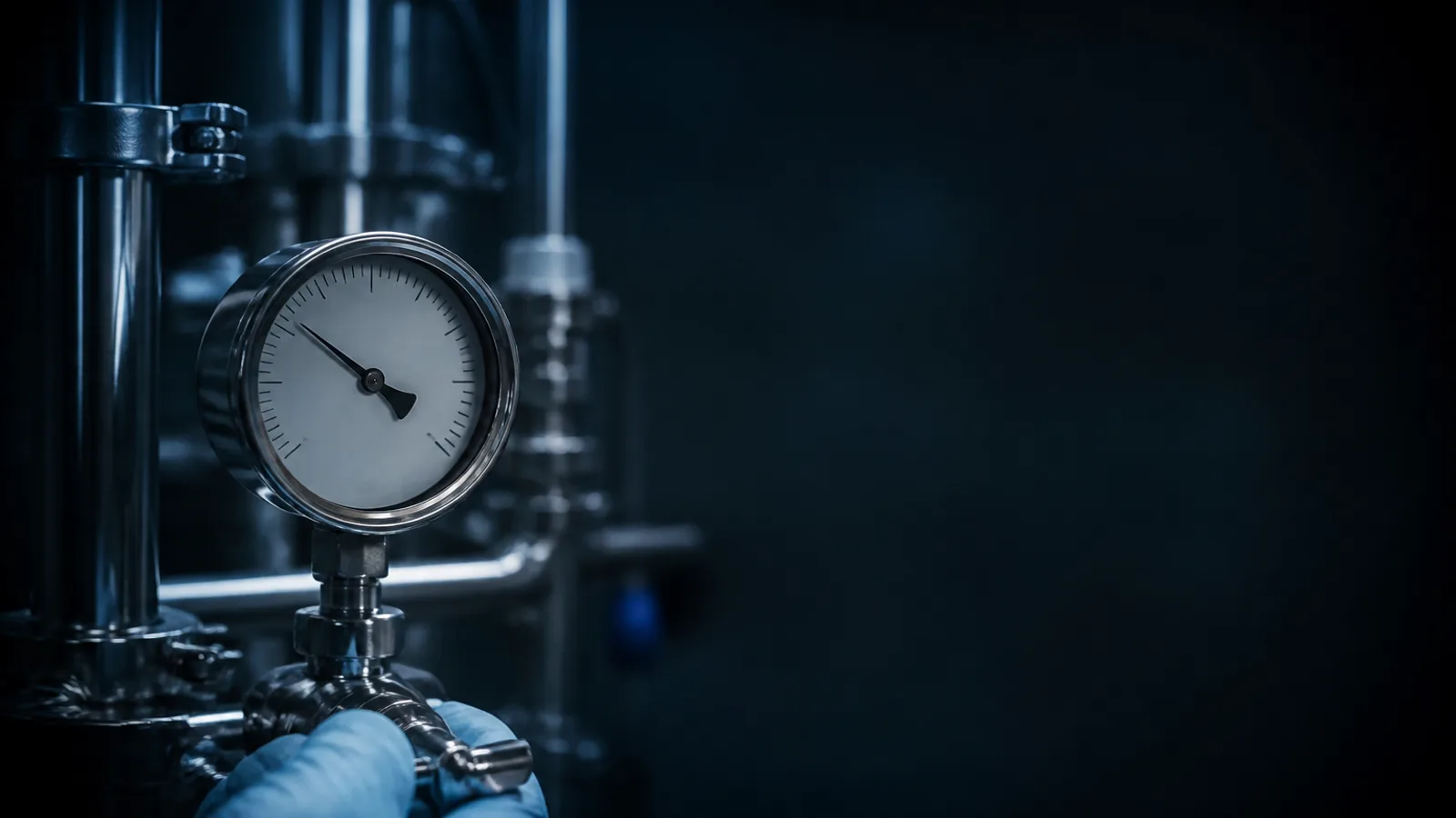 View through smart glasses of an analogue pressure gauge on stainless pipework, with the proposed meter reading shown in the corner of vision
