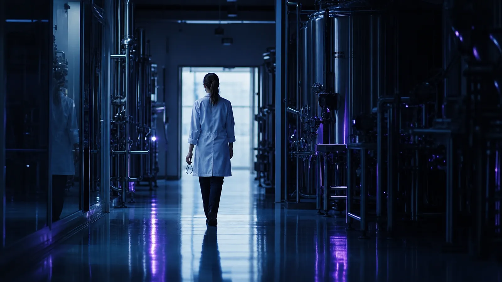 Technician walking down a quiet plant corridor towards daylight at the end of a shift