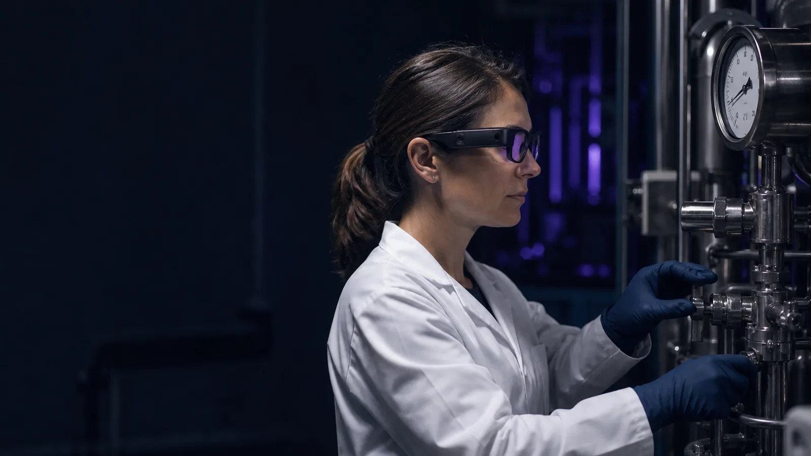 Calibration technician in smart glasses working hands-free at a pressure gauge in a regulated manufacturing plant