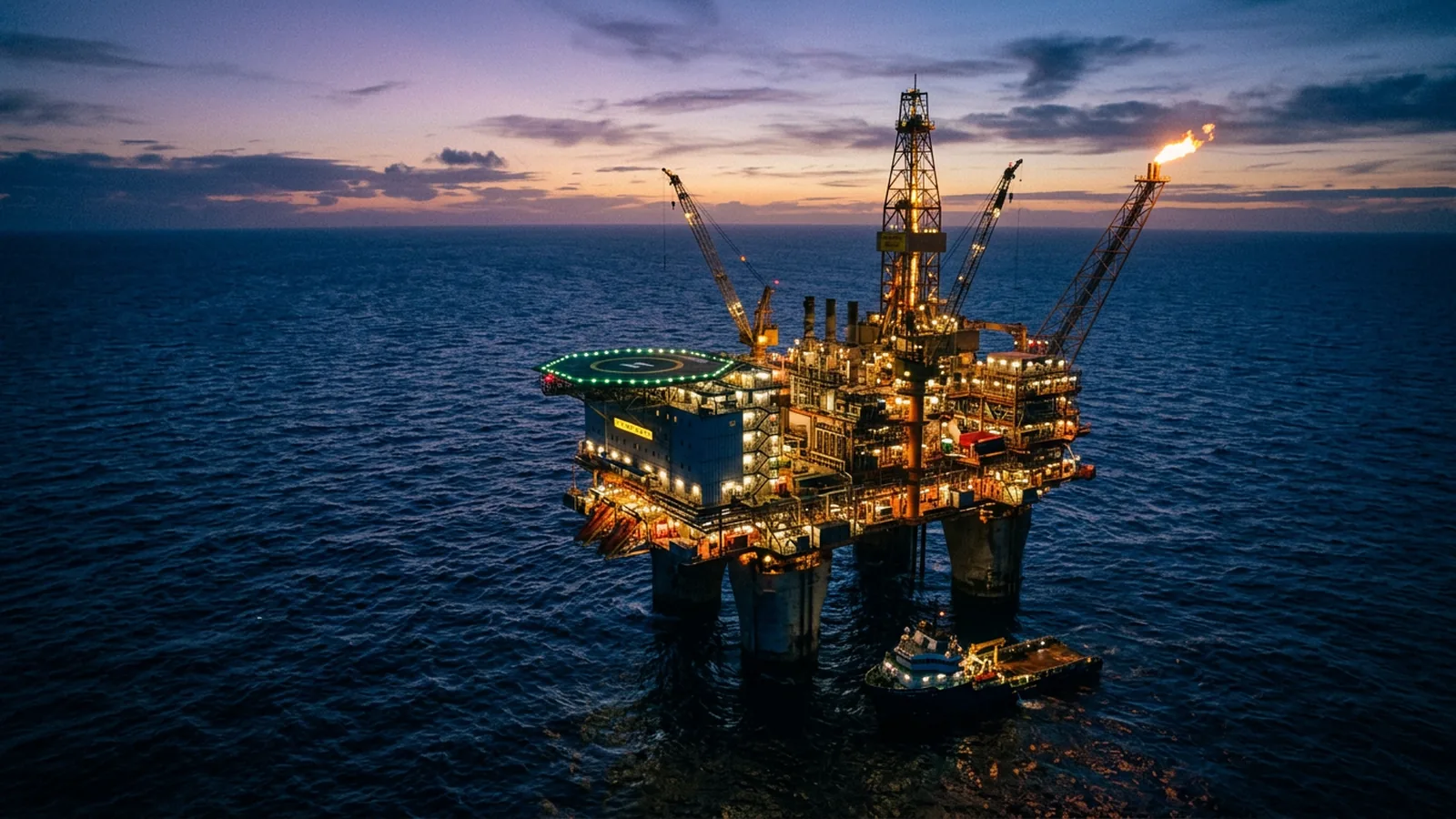 Offshore oil and gas platform at sunset seen from a helicopter approach distance