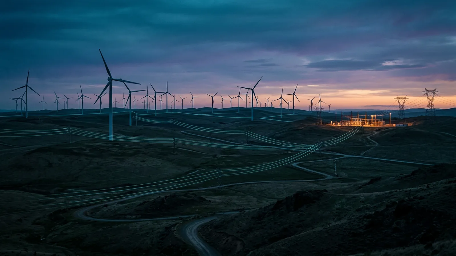 Wind farm and electrical grid network at twilight, with telemetry overlay tracing connections to a substation