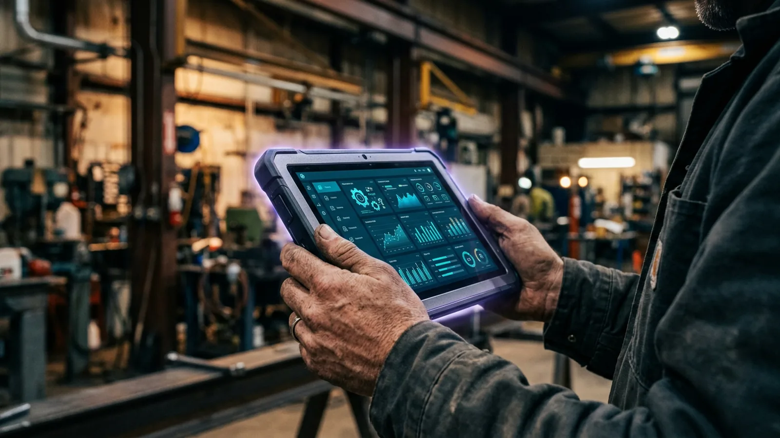 Engineer using a rugged tablet with a maintenance dashboard inside an industrial workshop