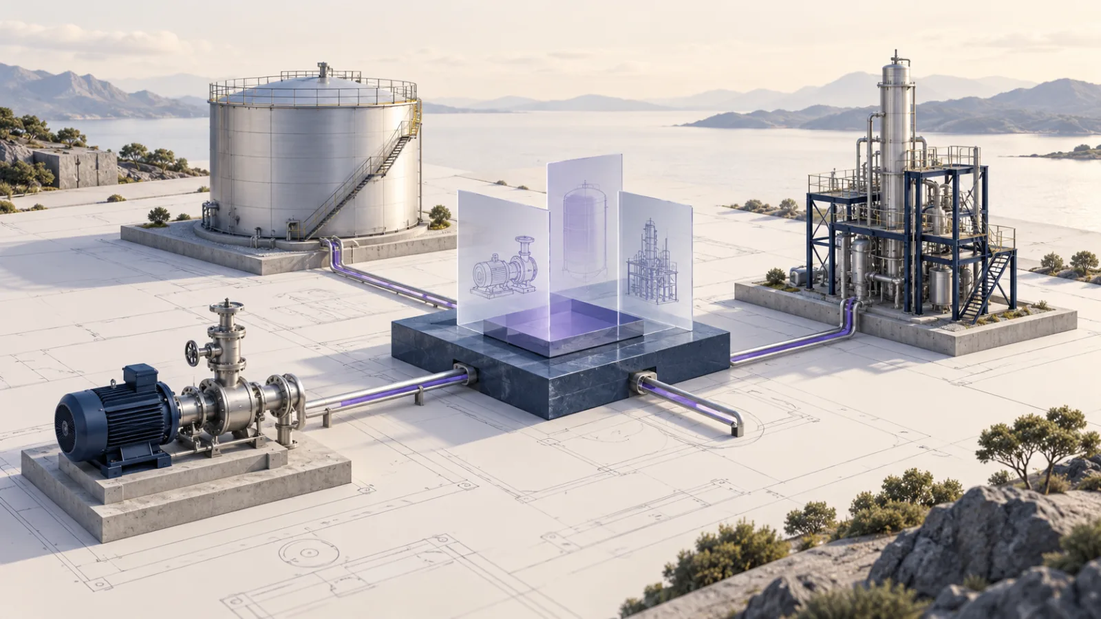 Conceptual industrial assets connected to a common foundation and their engineering records