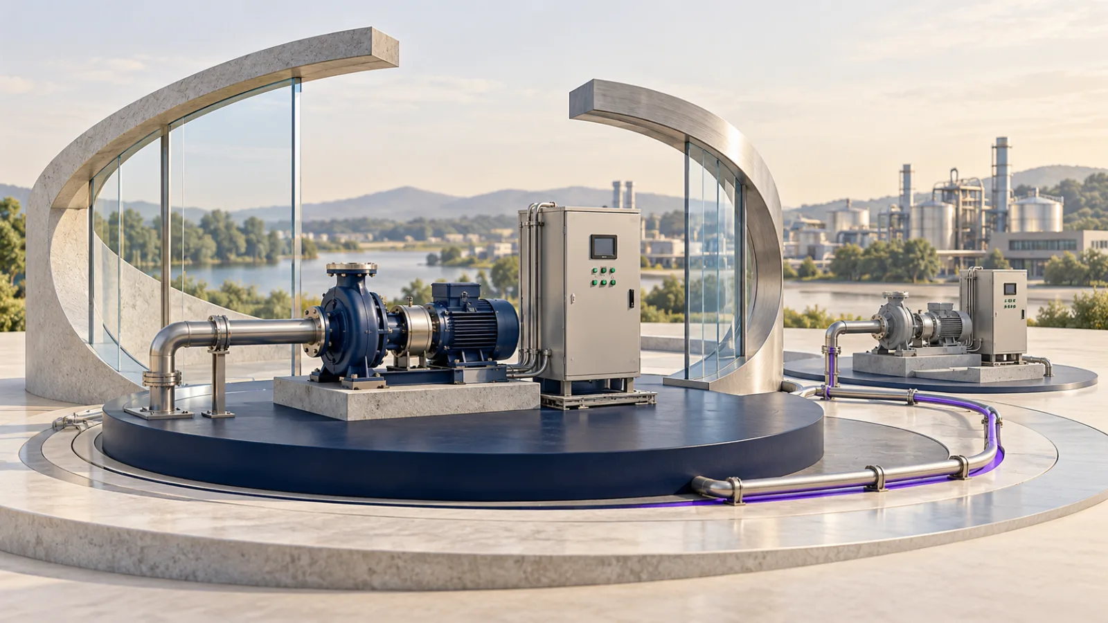 Conceptual industrial equipment within open protective structures, with a connected standby installation